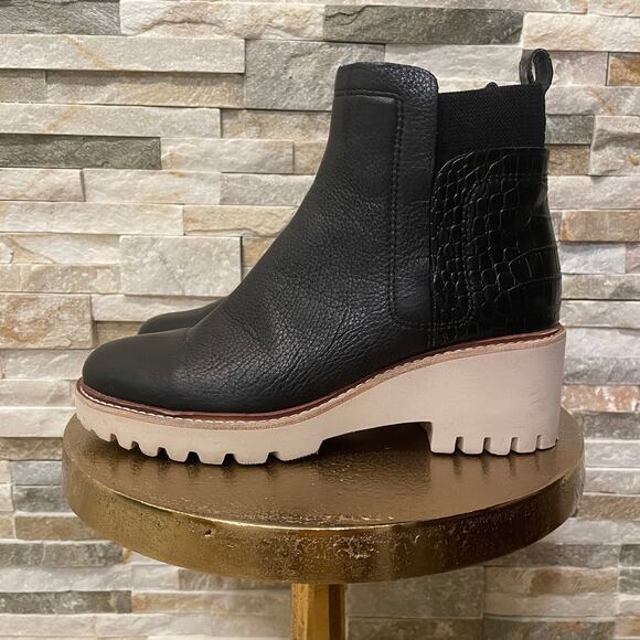 Dolce Vita 7.5 Black Leather Lug Sole Boots | Croc Detail, Chunky Heel - Picture 5 of 9